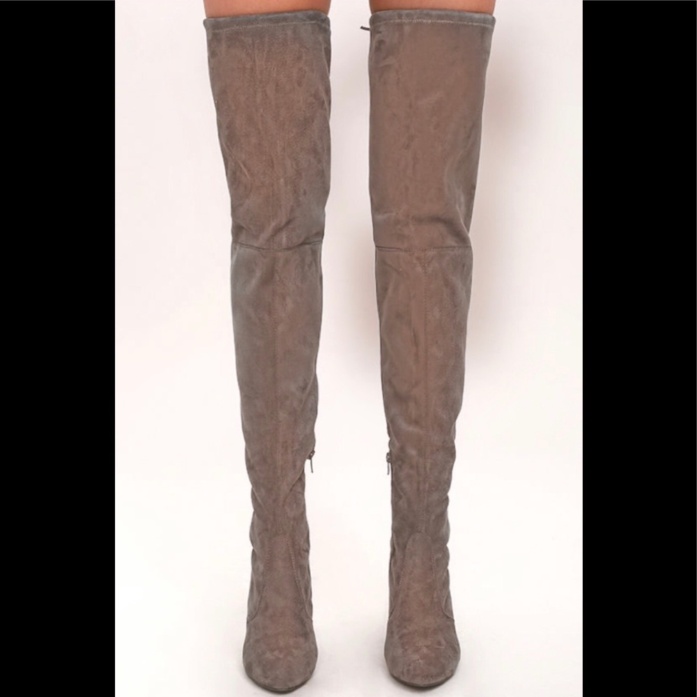 Over the knee suede grey heeled boots